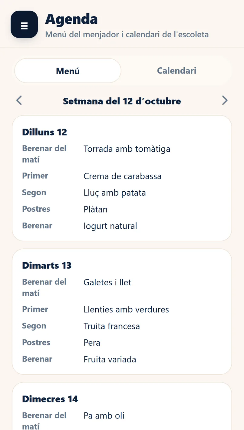 Agenda amb el menú del menjador de la setmana del 12 d'octubre: berenar del matí, primer, segon, postres i berenar de cada dia