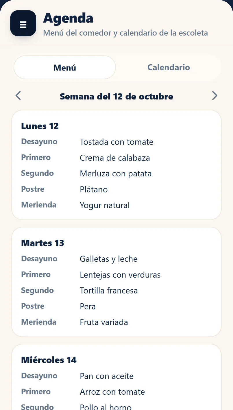 Agenda con el menú del comedor de la semana del 12 de octubre: desayuno, primero, segundo, postre y merienda de cada día