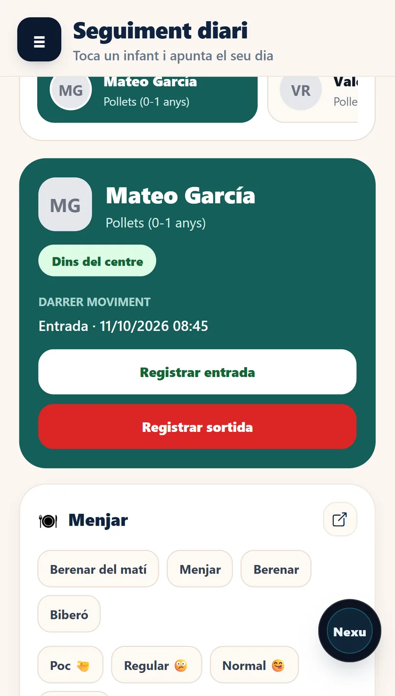 Seguiment diari de l'educadora: Mateo García, dins el centre des de les 8:45, amb botons per apuntar berenar del matí, menjar, berenar i biberó