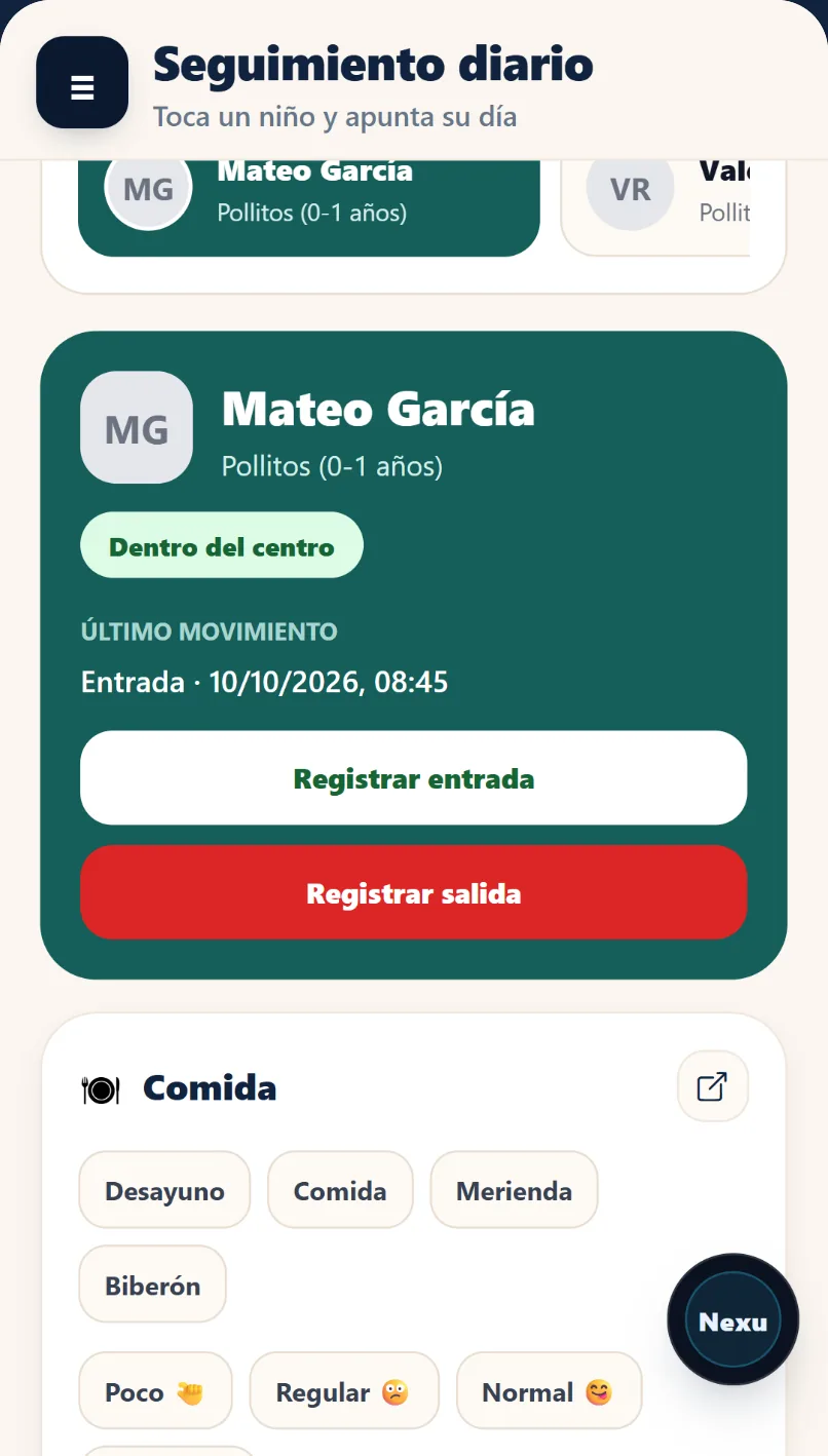 Seguimiento diario de la educadora: Mateo García, dentro del centro desde las 8:45, con botones para apuntar desayuno, comida, merienda y biberón